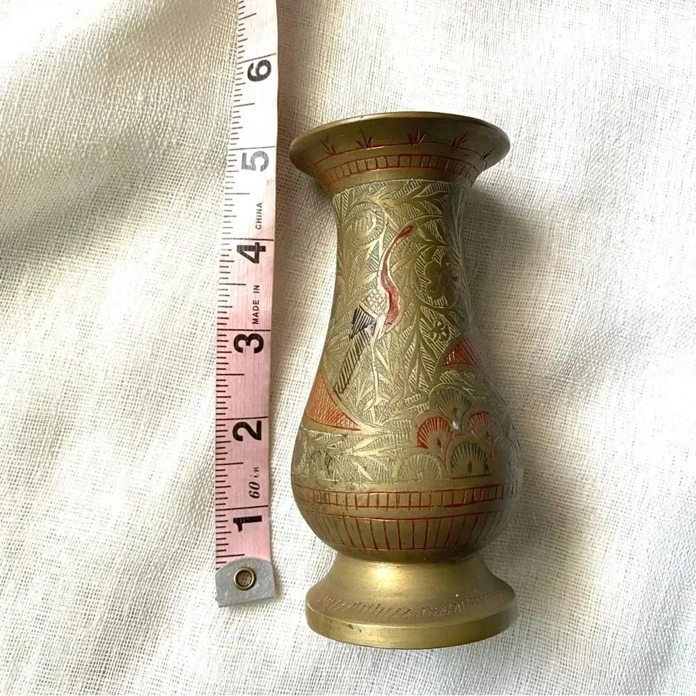 Vintage Crane and Floral Etched Brass Vase